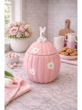 New Pink & White Flower Easter Bunny Handle Kitchen Cookie Jar Kitchen Canister